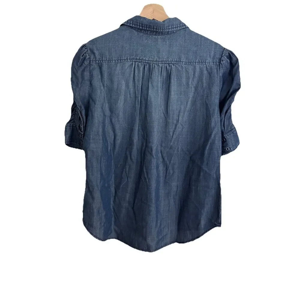Billy T Women’s Denim Button Up Puff Sleeve Blouse Size Small Boho Chic Casual - Picture 2 of 10